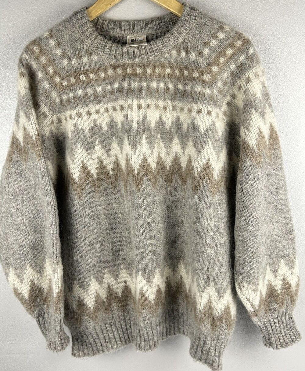 Vtg hilda Icelandic Wool Fair Isle Sweater Crew Neck Grey Cream Brown Womens L